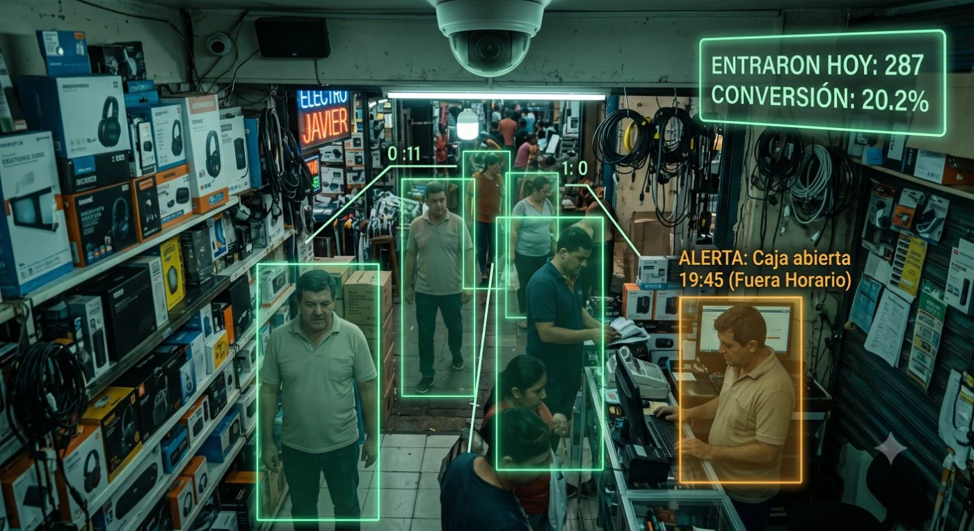 Cámara detectando personas y alertas en tiempo real dentro del local