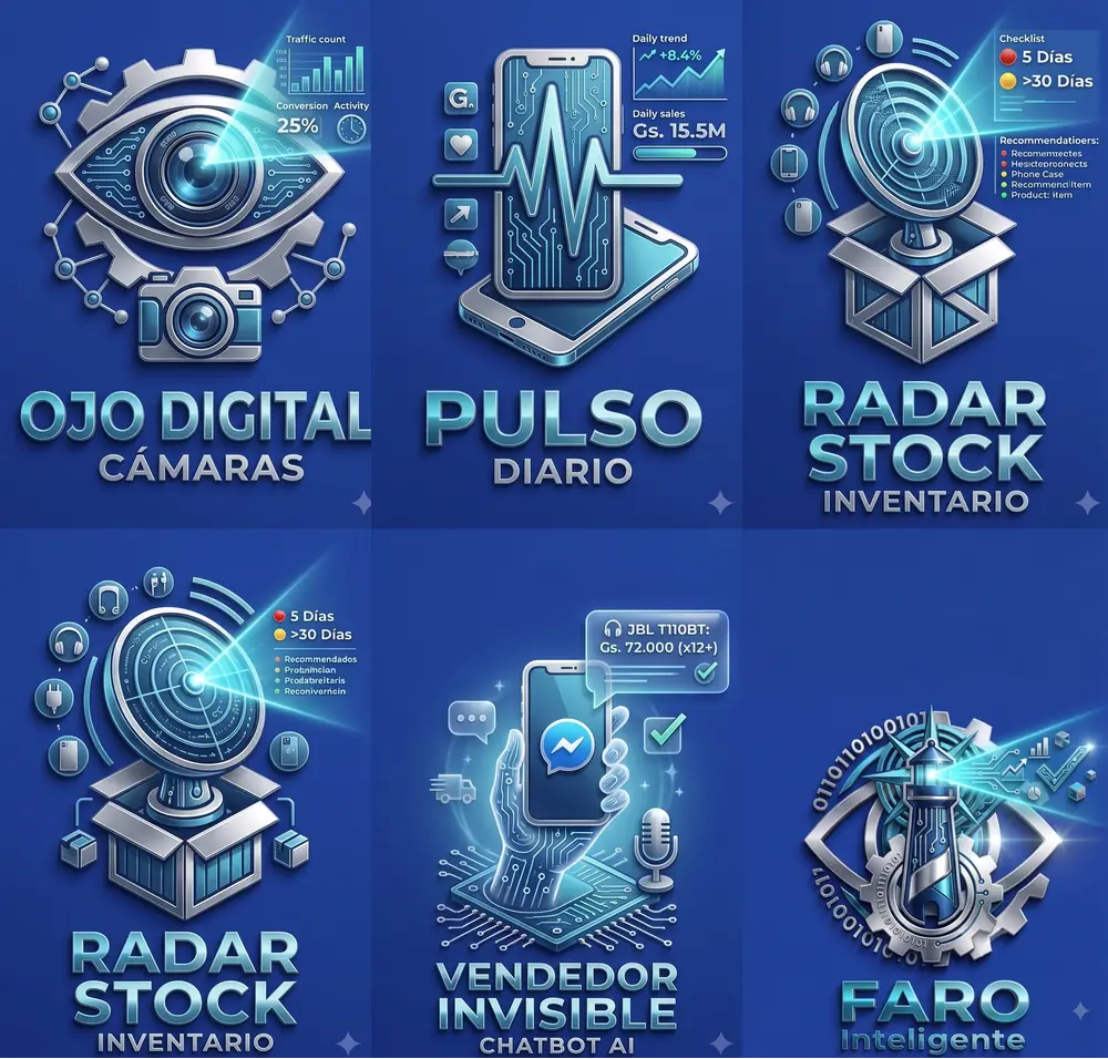 Ecosistema de productos Lab.IA con Faro Digital, Vendedor 24/7, Pulso Digital, Radar Stock y Ojo Digital