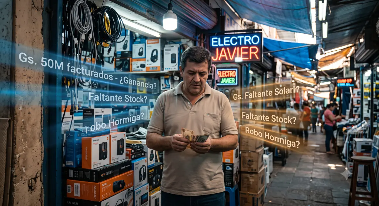 Comerciante con indicadores digitales para controlar el negocio