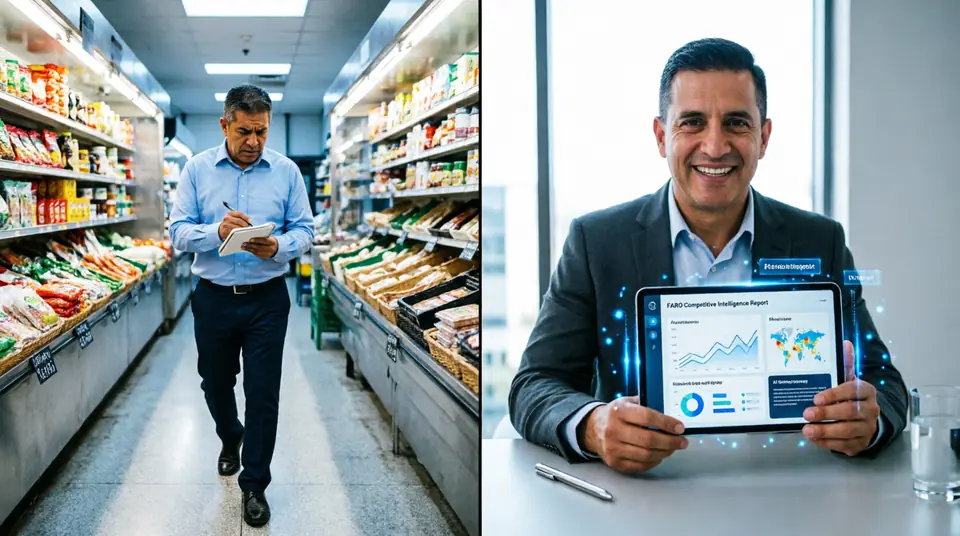 Comerciante revisando un tablero de inventario inteligente con ventas, stock y recomendaciones