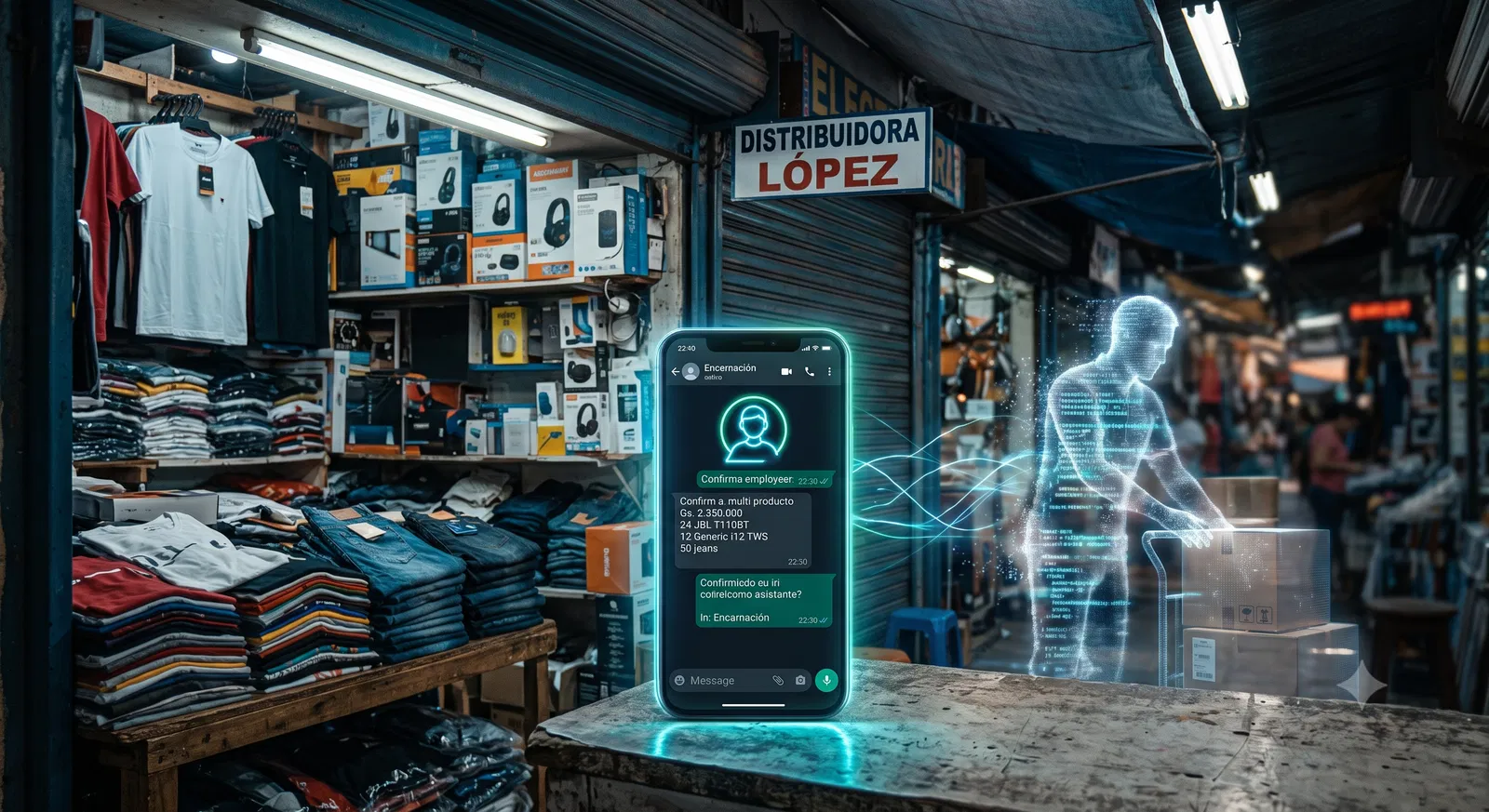 Vendedor 24/7 confirmando un pedido multi-producto por WhatsApp